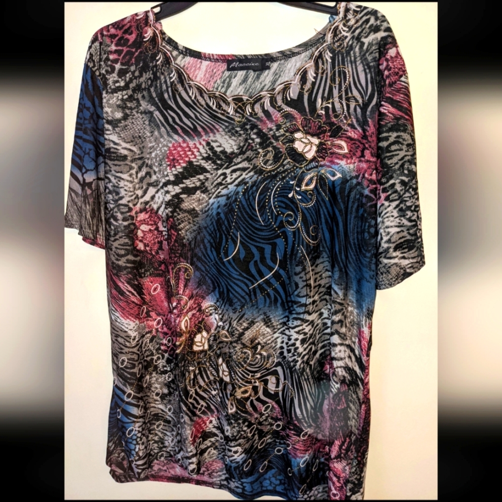 Maccine Embellished Multicolour Top w Patterns, Sparkles and Florals, Women XL